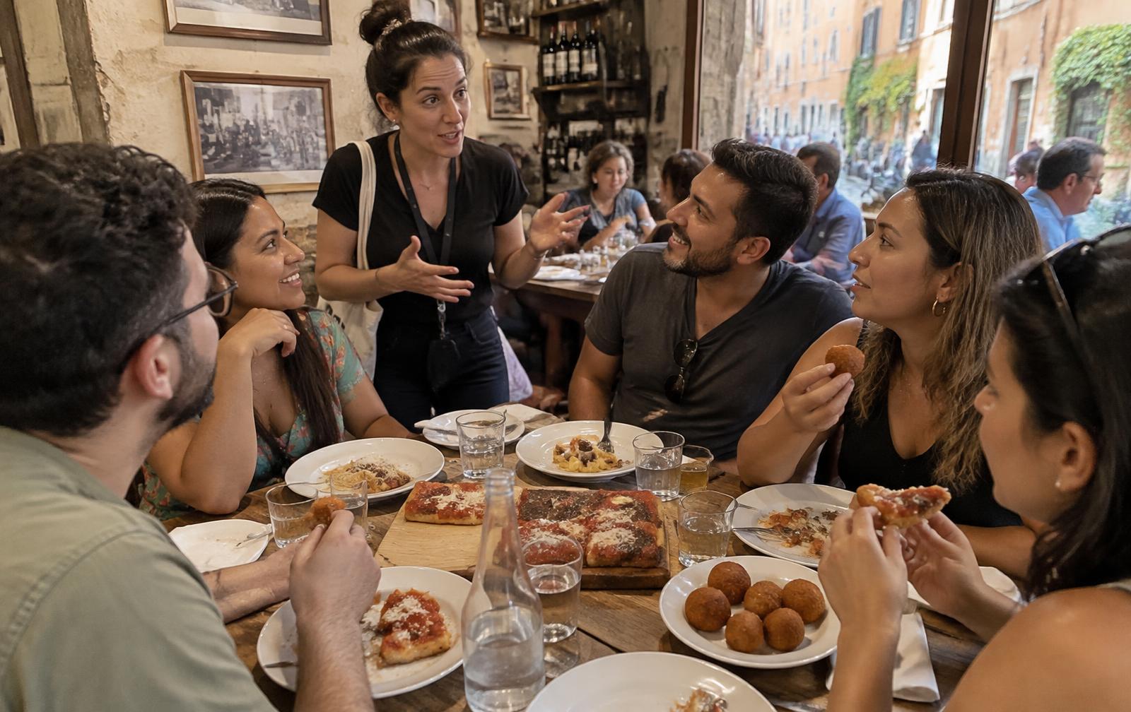 Grupo em um tour gastronômico em uma trattoria de Roma